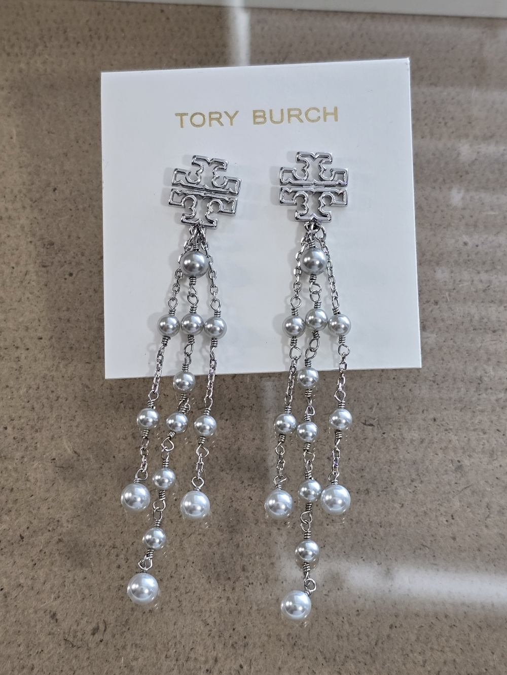 Tory Burch Silver-Tone Logo Cascade Pearl Drop Earrings
